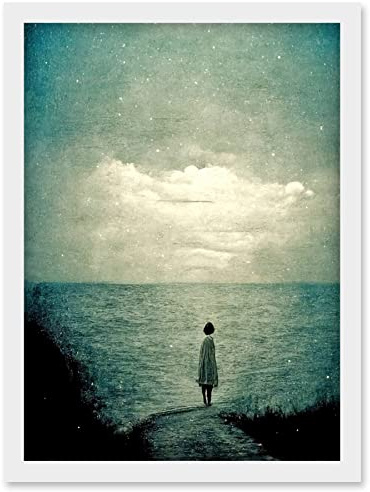 Doppelganger33 LTD Looking Out To Sea Dreamscape Lone Woman Dusk Calm Elegant Panting Artwork Framed Wall Art Print A4