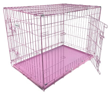 HugglePets Pink Dog Puppy Cage Foldable Medium 76cm Dual Door with Locks, Car Home and Travel Crate