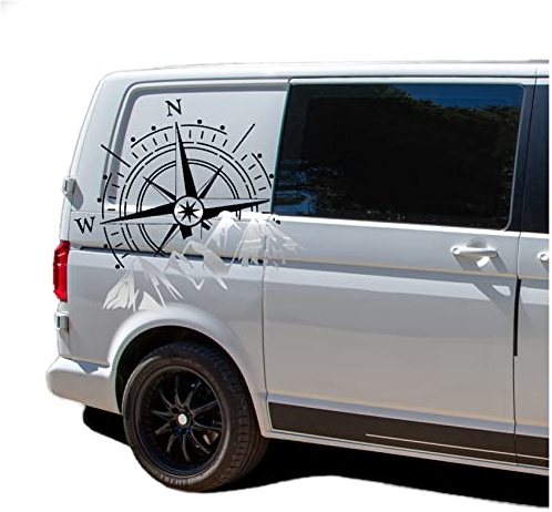 Autoaufkleber Kompass Sport Mountains 60x56cm Windrose Sticker Folie für Auto Wohnwagen Anhänger Aufkleber Selbstklebend Kfz Zubehör KX072 KX073 (Kompass schwarz, Berge Silber)