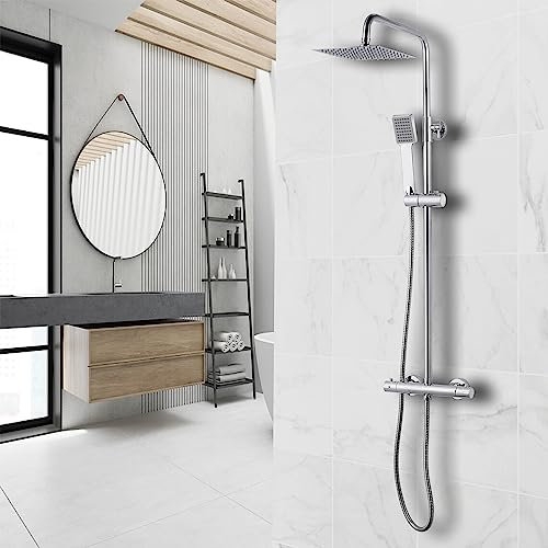 AICA ITALY Kit Doccia con Soffione e Doccetta Anticalcare, Saliscendi Doccia Regolabile 80-116cm, Colonna Doccia con Miscelatore Termostatico 38℃, Fori Muro Regolabile