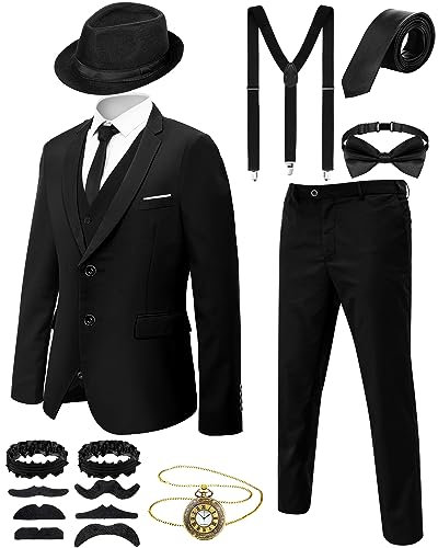 Ramede Gangster-Kostüm für Herren, 1920er-Jahre-Kleidung, 20er-Jahre-Kostüm, mit Hut, Weste, Taschenuhr, Hosenträger, Schwarz, L
