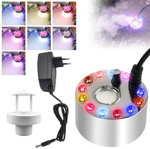 Nebulosa ultrasónica, con protección contra salpicaduras extraíble blanca, generador de niebla, mini nebulizador con 12 luces para fuente de agua, estanque, maceta, jardín de rocas, vacaciones,