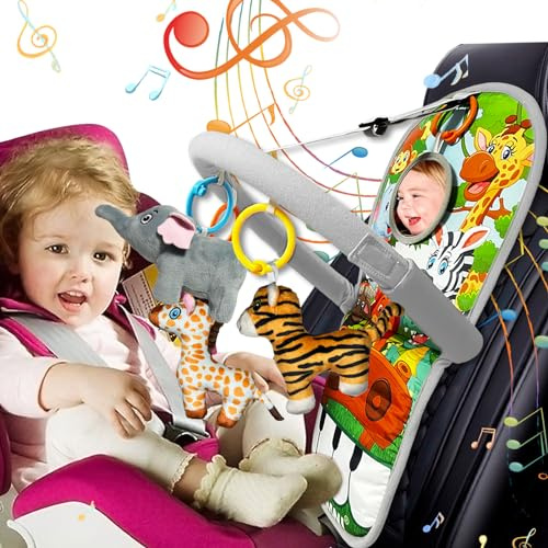 TOYMNI Car Seat Toys for 6-12 Months - Musical Pedal Piano with Baby Mirror, Squeaky Sensory Soft Animal Toys for Rear Facing Carseats