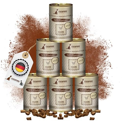 Escapure Welpen Menü 6 x 400g Dose Huhn - Nassfutter für Hunde - 58% pures Hühnerfleisch Nassfutter - Premium Dosenfutter Hähnchen ohne Zusatzstoffe - Welpen Ergänzungsfuttermittel ohne Getreide
