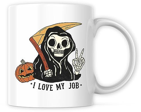 Ad Astra Graphics CFAAG0022 Kaffeetasse mit Aufschrift I Love My Job, 325 ml, hochwertige Kaffeetasse – Sensenmann-Skelett, gruseliges Halloween-Thema, Jack O Lantern – importiert und gedruckt in