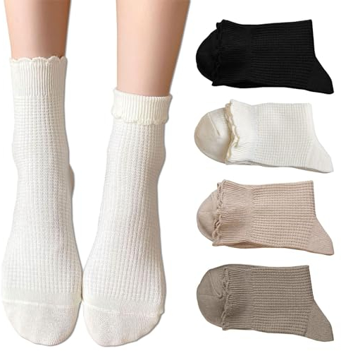 Kryzalite® Lot de 4 paires de chaussettes pour femme avec volants mignons et manchette enveloppante, chaussettes pointelles, solides et décontractées, multicolore, L