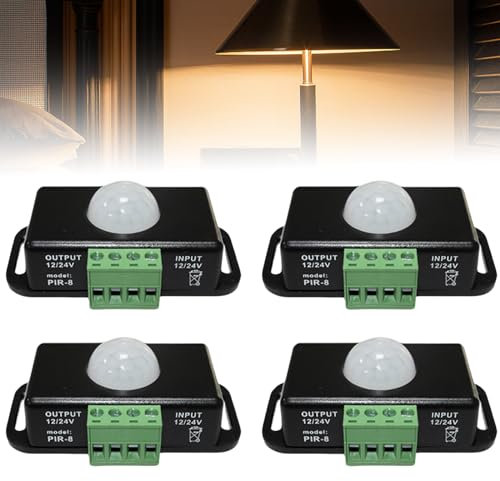 4 Stück Koerper Infrarot PIR Sensor, DC 12V 24V Infrarot Sensor Schalter Automatik, Bewegungsm Aussen Bewegungsmelder Schalter für LED Streifen/Leuchtmittel, Schwarz