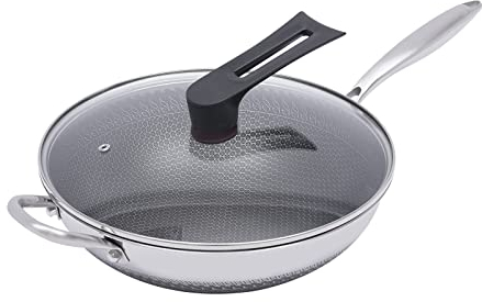 YISSALE Sartén wok de acero inoxidable para inducción con tapa, 30 cm, acero inoxidable, universal, panal para arroceras, cocinas de gas, cocinas de inducción