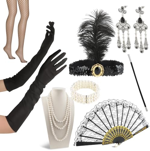 VFANDV 1920er Jahre Zubehör Set, 10 Stück 20er Jahre Kostüm Damen Charleston Kostüm Damen 20er Jahre Accessoires, Gatsby Accessoires Damen mit Flapper Stirnband Halskette Ohrringe