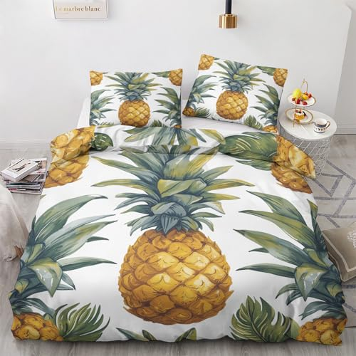 GEDAEUBA Bettwäsche 200x220 Ananas - Tropische Früchte Bettbezug 200 x 220 3 teilig, Wendebettwäsche und Kissenbezug 80x80, Weiche & Angenehme Mikrofaser Bettwäsche-Sets mit Reißverschluss