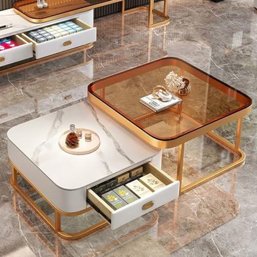 Juego de 2 mesas de centro de cristal con marco de metal para sala de estar, diseño moderno y fácil de montar, mesa de centro cuadrada dorada, mesas de centro de almacenamiento