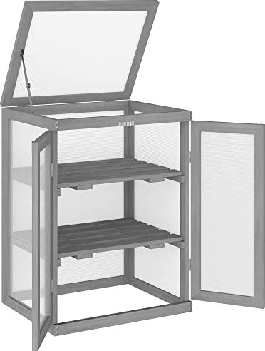 Outsunny Mini Serre 3 Niveaux Toit ouvrant à Double Porte Sapin teinté Bois Polycarbonate dim. 58L x 44l x 78H cm