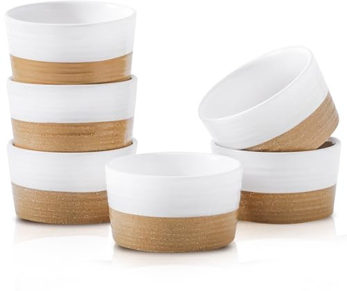 Hasense Ramekins, 6 oz Stoneware Ramekin Oven Safe Set of 6, Mini Ramekins Bowls for Dipping, Brulee, Custard, Farmhouse White Wedding Gift