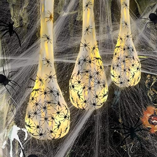 3Stück Halloween Deko Spinnen, Leuchtende Eiersäcke Dekoration Mit LED Lichtern, Hängende Dekorationen für Vorgarten Terrasse Rasen Garten Partydekor (Warmweiß)