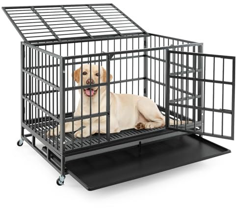 COSTWAY 38''/48'' Heavy Duty Dog Crate, Foldable Dog Cage on Wheels with Removable Tray, Double Doors, Metal Puppy Kennel for Small, Medium and Large Dogs