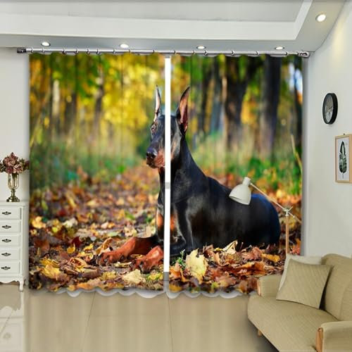 Mtddyyds Verdunkelungsvorhang Kinderzimmer 3D Ahornbaum Blätter Dobermann 280X260 Vorhänge Blickdicht - Gardinen Küche Ösenschal 2Er Set Für Wohnzimmer Schlafzimmer Fensterdekoration