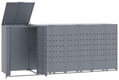 vidaXL Wheelie Bin Storage for 4 Bins - Grey Steel - Front Doors with Magnetic Closure - Ventilated Panels - Gas-Spring Lid - Assembly Required - 276x79x117 cm