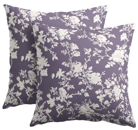 Kawani Vintage-Kissenbezüge mit Blumenmuster, 61 x 61 cm, Set mit 2 Stück, rustikaler Lavendel, Lila und Weiß, für den Außenbereich, dekorative Dekokissen, Chinoiserie-Blume, Toile-Kissenbezüge für