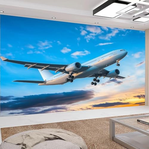 Vlies Fototapete Flugzeug 3D Effekt 350x256 Blau Foto Tapete Schlafzimmer Wohnzimmer Moderne XXL Wandtapete Groß Vliestapete Fototapeten Poster Wand Dekoration a.1173