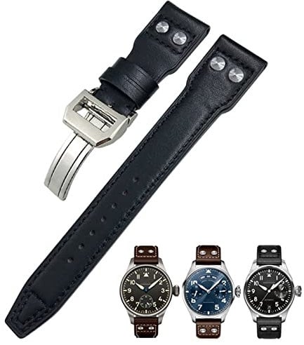 Clouism 20 mm echtes Lederarmband für IWC Big Pilot Watch Mark 18 Spitfire Hamilton Rindsleder weiches Uhrenarmband(Black Black Rivet 1,Without Buckle)