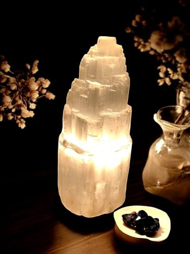 Pro Home Natural Selenite Lamp Healing Selenite Crystal Charging Mountain Tower Lamps for Meditation Spiritual Energy Decoration or Gift (20cm)