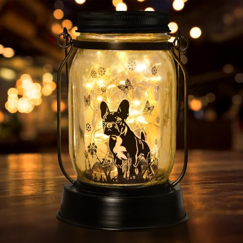 Französische Bulldogge, Geschenke für Damen/Herren, solarbetriebene Laterne für Hunde, Mutter, Geburtstag, Hundeliebhaber, Laterne, Haustierverlust, Haustier-Gedenklichter, Solar-Gartendekoration für