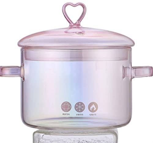 ETZRYSYB Stock Pot Pink Glass Stockpot Transparent Binaural Soup Pot 1.3L Noddle Bowl Household Stew Pot