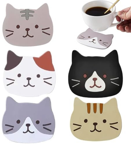 5 Sottobicchieri Gatti Carini – Salvagocce in PVC Antiscivolo, Riutilizzabili – Lavabili e Resistente al Calore – Per Vino, Tè o Bevande – Regalo Grazioso per Cucina e Arredamento Casa Nuova
