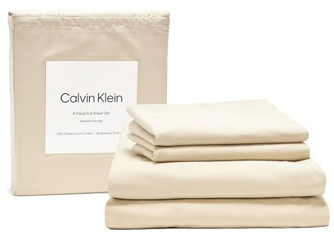 Calvin Klein - Full Bed Sheets, Relaxed Garment Washed Cotton Percale Bedding Set with Matching Pillowcases, Deep Pockets, Oeko-Tex Certified (Washed Percale Green)