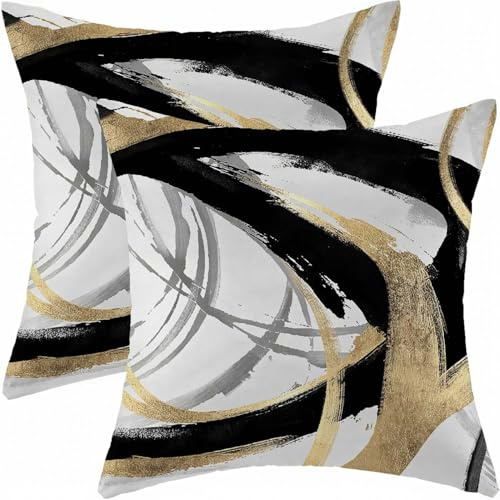 ViaElayu Kissenbezug 45x45 Schwarz Gold Herbst Kissen Boho Kissenbezüge Grau Weiß Zierkissenbezug Modern Abstrakte Kissenhüllen Samt Sofakissen Couchkissen Wohnzimmer Outdoor Sofa Deko 2er Set