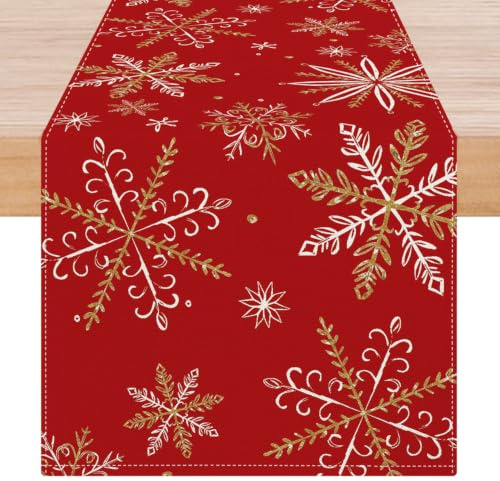 ViaElayu Weihnachtsdeko Tisch Tischläufer Weihnachten Tischdeko Rot Weihnachtstisch Deko Tischläufer Grau Gold Schneeflocke Kurz Weihnachtstischdecke Winter Weihnachtstischläufer Modern 40x140 cm