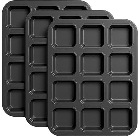 FUNSUEI 3PCS 12 Cavity Square Muffin Tin, Brownie Baking Tray | Non-Stick Carbon Steel Pan with 6.5x6.5cm Molds, Professional Bakeware for Mini Cakes Muffin