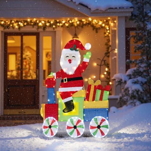 GYMAX LED Weihnachtszug aussen, groß Weihnachtsdekoration mit Weihnachtsmann & 133 LED-Licht, Stabiler Metallrahmen, Weihnachtsfigur Outdoor, Weihnachtsmann Garten Weihnachtsdeko
