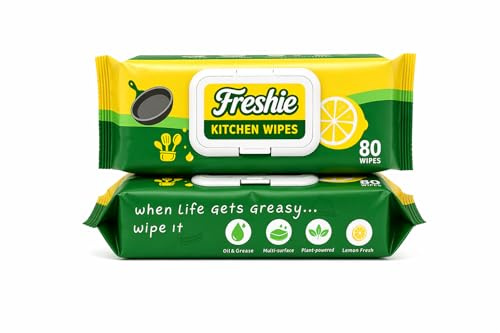 Freshie Kitchen Cleaning Wipes 80 Count – Heavy Duty Grease Remover for Worktops, Hob & Oven, Multi-Surface Household Wipes, Lemon Scent (2 Packs)