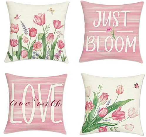 4 Stück Outdoor Kissenbezug Wetterfest, Kissenbezug 45x45 Frühling Blumen Tulpen, Deko Kissen Rosa Kissenhülle Leinenoptik, Outdoorkissen für Sofa Garten Balkon Wohnzimmer, Landhausstil Dekoration