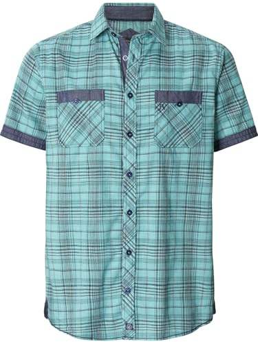 Jan Vanderstorm Herren Kurzarmhemd Aalvan Stylisch Kariertes Kurzarm-Hemd mit Leinenanteil, Brusttaschen, atmungsaktiv, Comfort-Fit, nordisch Casual-Look, große Größen L–7XL türkis, 51/52