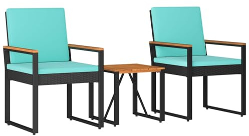 vidaXL Gartenmöbel Set mit Kissen 3 pcs Schwarz und Türkis Poly-Rattan, Stylische, rechteckige, wetterfeste Gartenmöbel, Patio-Set, Akazienholz, perfekt für draußen