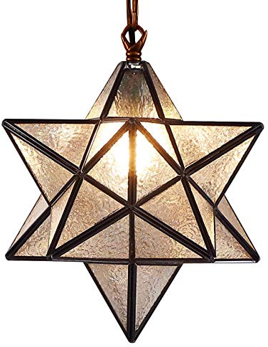 Bieye L30076 Moravian Star Tiffany Style Stained Glass Ceiling Pendant Hanging Lamp with 12-inch Wide Lampshade, 51-inch Tall (Iridescent Glass)