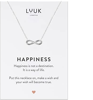 LUUK LIFESTYLE Stainless steel necklace with Infinity motif pendant and HAPPINESS gift card, gift idea for Valentine's Day, birthday, symbol of love, women fashion accessory, 19” chain length, silver