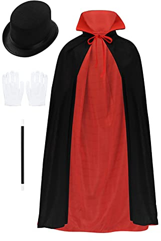 Agoky Enfant Unisexe Déguisement Magicien Sorcier Cosplay Costume Halloween Garçon Fille Cape Mage Manteau Longue Baguette Magique Chapeau Melon Tenue Fête Bal 5-10 Ans Noir & Rouge 5-10 Ans