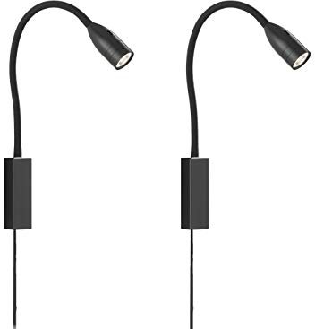 meineWunschleuchte 2er SET Leselampen für Bett- oder Wandmontage mit Kabel & Stecker, Schwarz