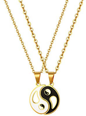 JewelryWe Schmuck 2pcs Pärchen Halskette Edelstahl Tai Chi Yin und Yang Anhänger Paar Kette Puzzle Freundschaftskette Partnerkette für Herren Damen, Gold Schwarz
