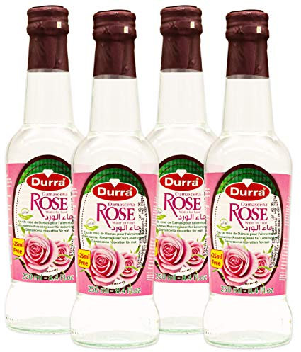 Durra - Rosenwasser ideal zum Backen und Kochen - Blütenwasser zum Aromatisieren von Süßspeisen, Backwaren und Getränken 250 ml + 25 ml Gratis im 4er Set (1100 ml)