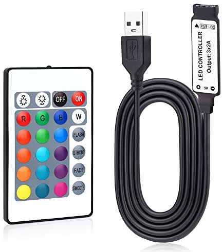 Aroidful USB RGB LED Controller for DC 5V 4-PIN LED Strips with 24-Key IR Remote Compatible with 5050 3528 Light Strips