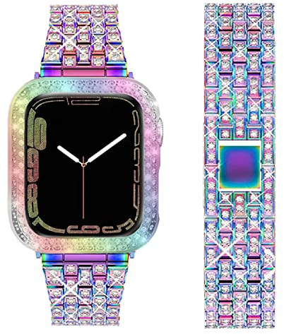 DEALELE Bracelets compatibles avec Apple Watch Series 6/5/4/SE (44 mm), Bracelet en métal orné de strass avec coque de protection pour iWatch 44 mm pour homme et femme (44 mm, arc-en-ciel)