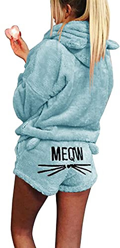 Donne Gatto Ricamo Pigiama 2pcs Inverno Carino Ragazze Con Cappuccio Indumenti Da Notte Gatto Orecchio Accappatoio Manica Lunga Pantaloncini In Pile Tuta Tuta, Blu, XL