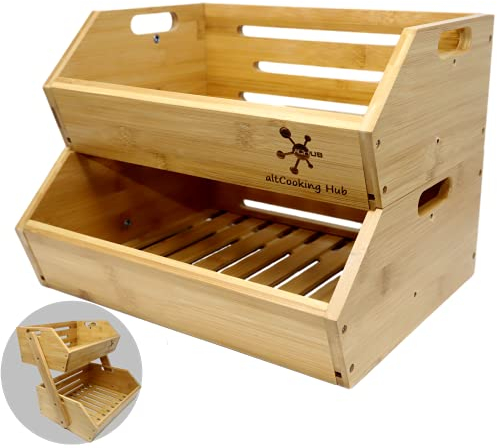 Contenedor de almacenamiento de bambú – Contenedores apilables multiusos con frente abierto para cocina y despensa – Configurable como cesta de frutas de bambú de 2 niveles en la encimera – Ideal para