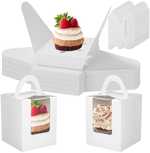 YOUNTHYE 50 Cupcake Boxes Single, Individual Cupcake Boxes with Window and Insert, White Cupcake Box with Handle for Birthday Parties, Weddings, Church Bakery Party