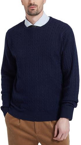Kallspin Men's Big&Tall Wool Blend Jumper Sweater Crewneck Cable-Knit Pullover Sweater (Navy Blue, L-Tall)