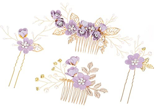 FERCAISH 4 Pcs Fashion Wedding Hair Comb Set, Floral Rhinestones Crystal Bridal Headpiece Hair Clips Accessories for Women Brides Bridesmaids Girls, Wedding Dress Accessories ()